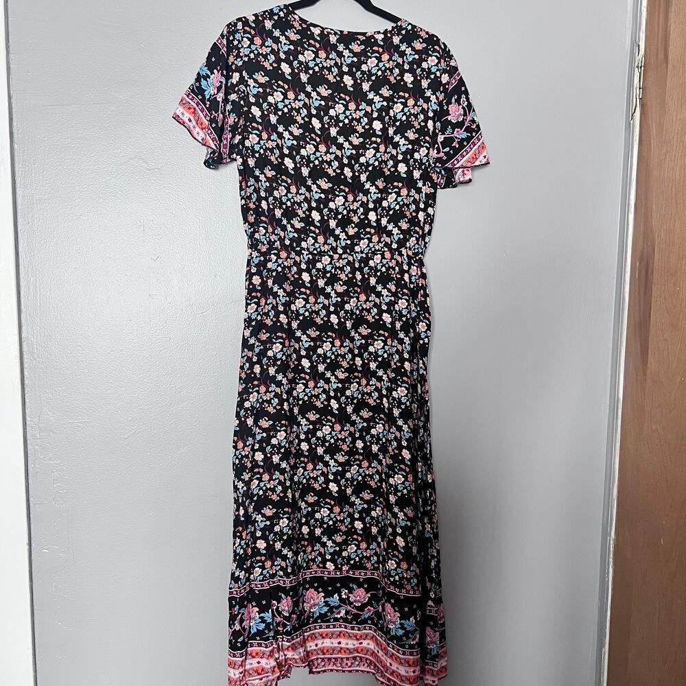 ✨BOHO Floral Maxi Dress XL black pink blue Short sleeve Festival Beachwear - Picture 6 of 6